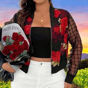 Women's Sheer Plaid Mesh Long Sleeve Floral Pattern Jacket